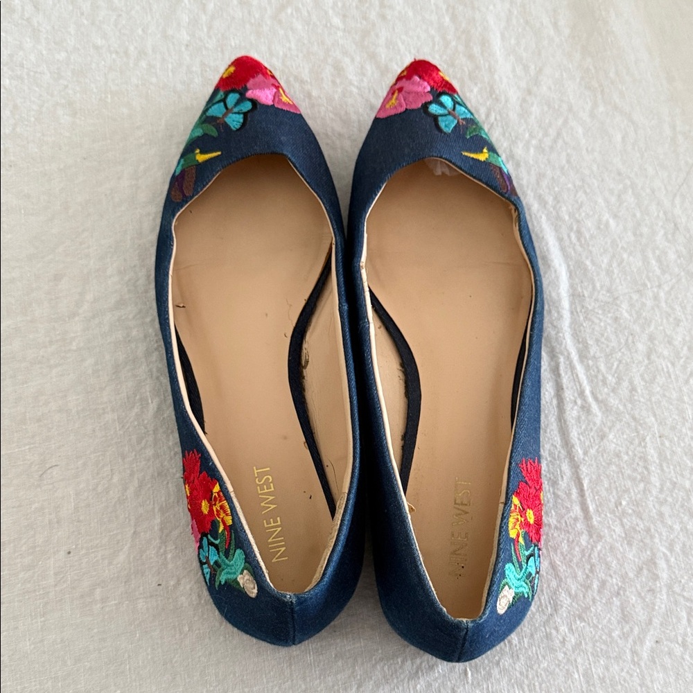 Nine West Floral Embroidered Flats - Navy and Red 8.5